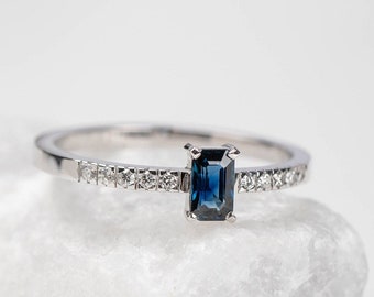 Blue Sapphire Engagement Ring Classic - Pave Diamond Wedding Ring 14K White Gold - Anniversary Gift GR00054