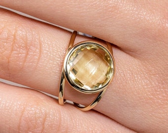 14K Gold Ring for Women - Lemon Quartz Gemstone Ring Double Band by Kyklos Gift for Her - GR00011