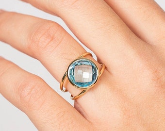 Blue Topaz Ring 14K Gold - December Birthstone Ring - Double Solid Gold Ring - Birthday Gift Kyklos Jewelry - GR00011