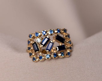 Art Deco Ring Blue Sapphire Diamond 14K Gold Baguette - Statement Cocktail Ring for Women - GR00429