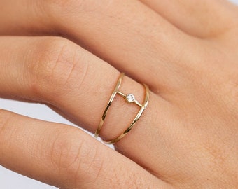 14K Gold Ring for Women Double Band - Dainty Diamond Ring Simple Modern - Anniversary Gift Kyklos Jewelry  GR00036