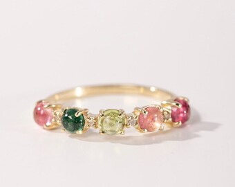 Tourmaline Wedding Ring 14K Gold with Diamonds - Stacking Band with Natural Gemstones by Kyklos Jewelry GR00495