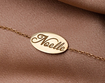 14K Name Bracelet Personalized Gold Oval Disc Engraved Dainty Chain Kids Name Bracelet Gift for New Mom for Her GB00031