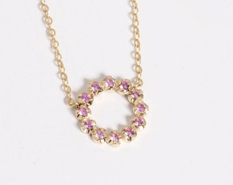 14K Solid Gold Pink Sapphire Circle Pendant Necklace GN00189