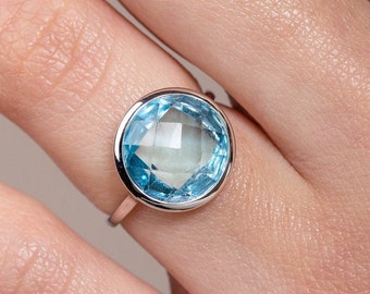 Blautopas Ring 14K Gold natürlicher Edelstein - Dezember Birthstone Ringe für Frauen - Geburtstagsgeschenk für sie 8mm 10mm und 12mm - GR00006
