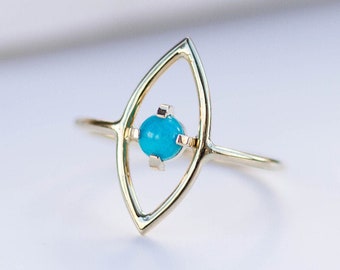 Bague turquoise naturelle en or 14 carats - Bague ouverte géométrique oeil en or massif 14 carats - Cadeau d'anniversaire pour elle - Joaillerie fine de tous les jours GR00331