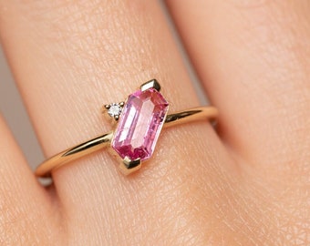 Tourmaline Ring 14K Gold Engagement Hexagon with Diamond - Unique Dainty Natural Pink Gemstone Ring GR00297