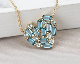 Blue Heart Necklace 14K Gold for Women - London Blue Topaz Baguette and Aquamarine Natural Gemstones - Gift for Her GN00167