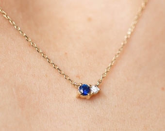 Blue Sapphire Necklace 14K Solid Gold Diamond Cluster - Gemstone Necklace Natural for Women - Birthday Gift - GN00105