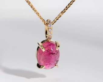 Pink Tourmaline Necklace 14K Solid Gold with Diamonds - Natural Tourmaline Pendant - Birthday Gift for Women October Birthstone GN00121