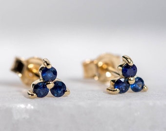 Blue Sapphire Stud Earrings 14K Gold Cluster - Trio 3 Stone Trinity Studs - September Birthstone Birthday Gift for Girls Girlfriend GE00074
