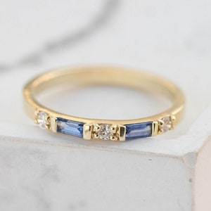 Blue Sapphire Ring 14K Gold Baguette Diamond - Stacking Wedding Band for Women GR00061