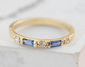 Blue Sapphire Ring 14K Gold Baguette Diamond - Stacking Wedding Band for Women GR00061