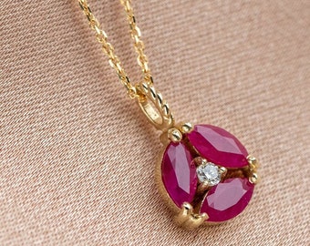 Ruby Diamond Flower Necklace 14K Gold - Natural Genuine Ruby Gemstone Cluster Pendant Solid Gold - Birthday Gift for Her - GN00134