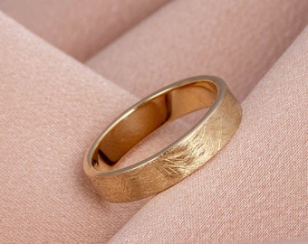 Scratched Wedding Band Set 14K Gold - Handmade Flat Band for Him and Her - GR00150