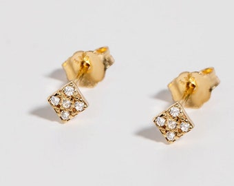 14K Gold Diamond Earrings Square - Dainty Tiny Diamond Studs - Kyklos Jewelry - Bridal Jewelry GE00010