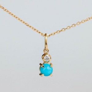 Turquoise Diamond Necklace 14K Solid Yellow Gold - Genuine Turquoise Minimal Pendant Layering Necklace - Birthday Gift for Her - GN00103