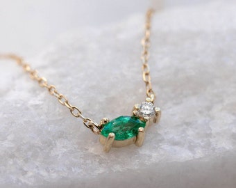 Emerald Diamond Necklace Marquise 14K Solid Gold Cluster for Women - May Birthstone Birthday Gift for Her -GN00100