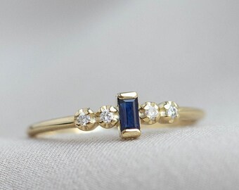 Blue Sapphire Ring Baguette 14K Gold - Sapphire Diamond Stacking Ring for Women - Kyklos Jewelry GR00245