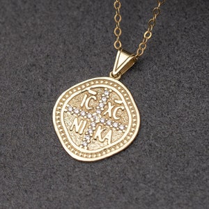 Constantine Coin Pendant 14K Gold - ICXC NIKA Necklace Solid Gold - Religious Necklace - Gift for Baptism  GN00176