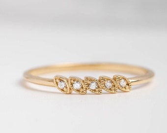 Leaf Ring 14K Gold - Diamond Stacking Branch Ring - Pave Wedding Eternity Band - Kyklos Jewelry  GR00105