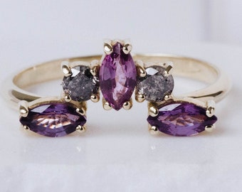 Alternative Wedding Band Purple Sapphire Gray Diamond Ring, Engagement Ring Set, Stacking Gold Ring, GR00126