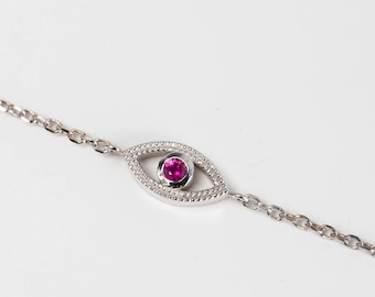 Evil Eye Bracelet Women Ruby 14K Gold - Dainty Fine Jewelry - July Birthstone Birthday Gift for Her GB00038