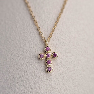 Dainty Cross Necklace 14K Gold Pink Sapphire - Small Cross Pendant with Natural Gemstones for Women and Girls - GN00190-001
