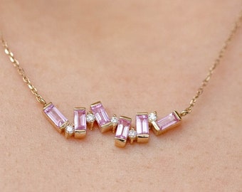 Pink Sapphire Necklace Art Deco Diamond Baguette 14K Gold for Women - Anniversary Gift for Her - Geometric Gemstone Necklace - GN00136