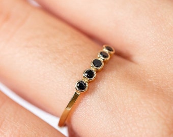 Black Diamond Ring 14K Gold - 5 Black Diamond Wedding Band Modern - 5 Stone Ring Stacking Bezel Diamond - Gift for Her  GR00079