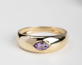 Purple Sapphire Ring 14K Gold Dome Chunky Marquise Cut - Thick Wide Band Ring Statement for Women GR00376