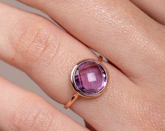 Purple Amethyst Ring 14K Solid Gold 10mm - February Birthstone Natural Gemstone Elegant Jewelry Birthday Gift GR00007