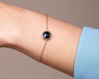 Black Onyx Gold Bracelet, Delicate Chain Bracelet, Solid Gold Bracelet for Women, Kyklos Jewelry, Gift for Her GB00003-003