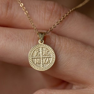 14K Solid Gold Christian Coin Necklace Constantine Religious Protection Charm Pendant Baptism Gift GN00185 image 1