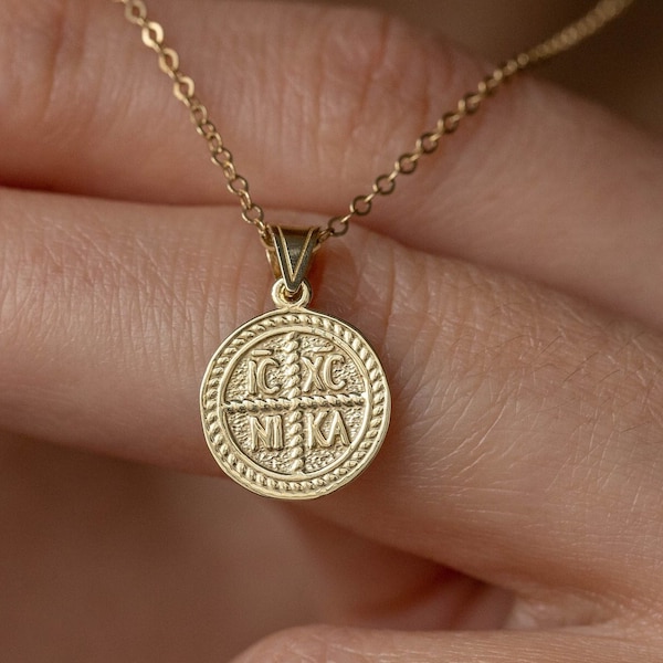 14K Solid Gold Christian Coin Necklace - Constantine Religious Protection Charm Pendant - Baptism Gift GN00185