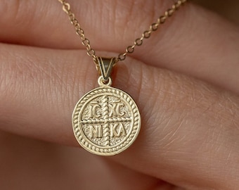 14K Solid Gold Christian Coin Necklace - Constantine Religious Protection Charm Pendant - Baptism Gift GN00185