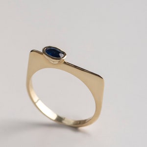 Art Deco Blue Sapphire Ring 14K Gold Thin Flat Top Geometric Ring for Women Oval Sapphire GR00446 image 1