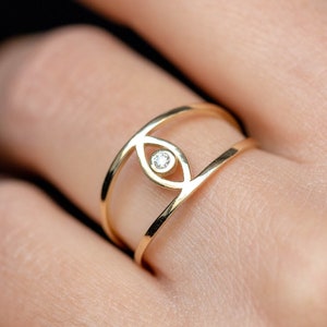 Evil Eye Ring 14K Gold Diamond - Solid Gold Double Band Ring for Women - Gift for Her -  GR00044