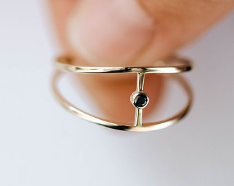 Black Diamond Ring 14K Solid Gold Double Band - Dainty Modern Ring for Women by Kyklos Jewelry GR00001