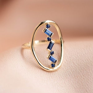 Bague Art Déco Saphir Bleu Baguette en Or 14K Bague Ovale Déclaration pour Femme GR00219 001 image 8