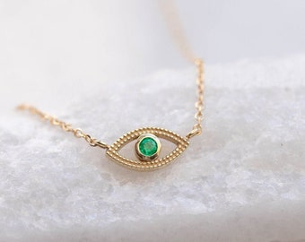 Evil Eye Emerald Necklace 14K Solid Gold for Women - Natural May Birthstone Birthday Gift for Her - GN00107-004