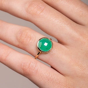 Natural green chrysoprase gemstone ring in 14K yellow gold for women by Kyklos Jewelry.