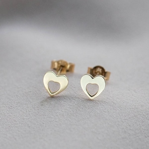 Solid Gold Heart Stud Earrings for Women - 14K Tiny Dainty Open Heart Shape Studs - Gift for Girls - GE00035