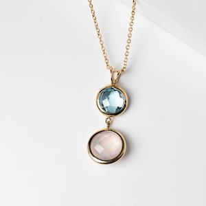 Rose Quartz Blue Topaz Necklace 14K Solid Gold Round Double Gemstone Necklace for Women Gift for Her - GN00021-002