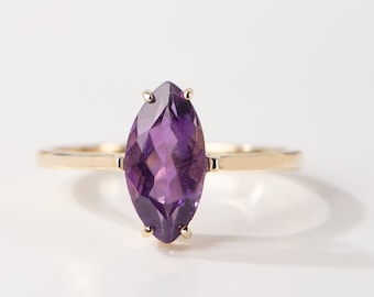 Anello di fidanzamento con solitario in oro 14K con ametista viola impilabile - Regalo di compleanno con pietra portafortuna di febbraio per donne GR00490