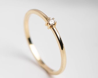 Dainty Engagement Diamond Ring 14K Gold Solitaire - Tiny Minimalist Stacking Ring for Women GR00097-001