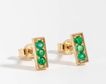 Emerald Stud Earrings 14K Gold Bar - 3 Stones Studs Solid Gold - May Birthstone Birthday Gift for Women Girls - GE00072