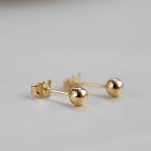 Ball Stud Earrings 14K Solid Gold 4mm - Small Round Studs Second Hole for Girls Women GE00132