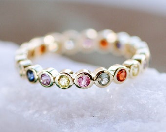 Rainbow Sapphire Ring 14K Gold Multi Pink Eternity Wedding Band Stacking for Women - Anniversary Gift GR00343