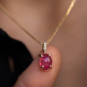 Pink Tourmaline Necklace 14K Solid Gold with Diamonds - Natural Tourmaline Pendant - Birthday Gift for Women October Birthstone GN00121